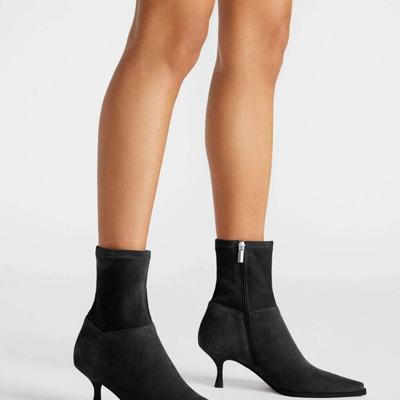 Women's Faux Suede Pointed Toe Ankle Boots with Kitten Heel and Side Zipper in B - Picture 2 of 6